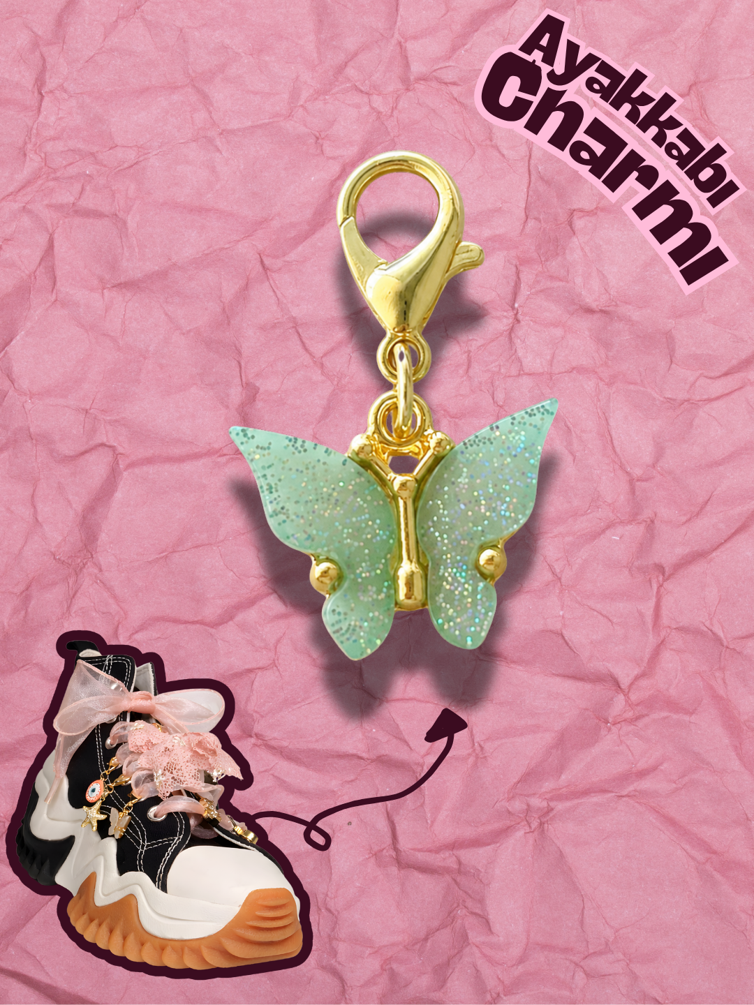 Hugs & Gifts – Coquette Charm | Mint Turkuaz Işıltılı Kelebek Charm 🍋‍🟩