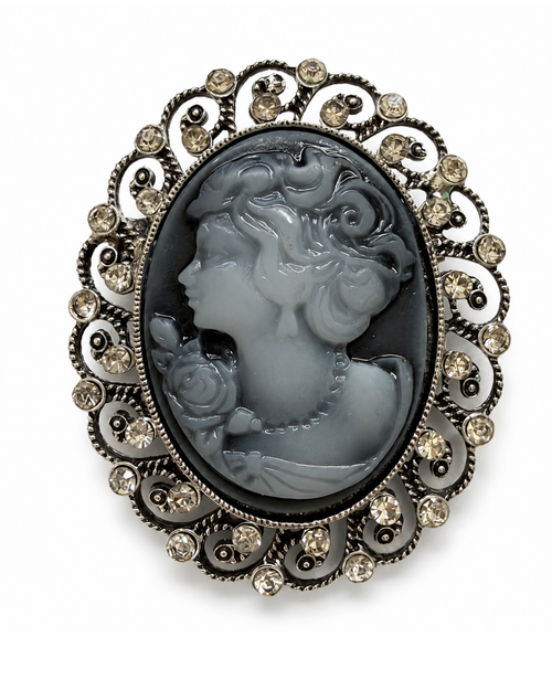 Kristal Taşlı Siyah Vintage Cameo Broş 🖤✨