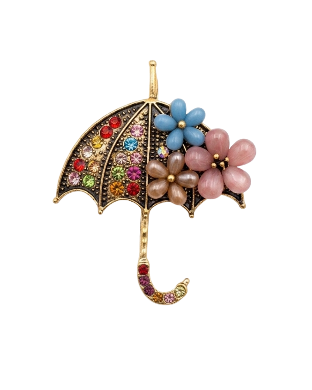 Çiçek Detaylı Taşlı Şemsiye Broş 🌸☂️✨