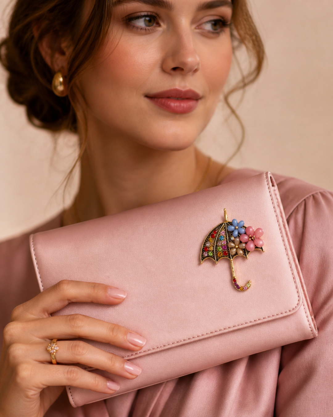 Çiçek Detaylı Taşlı Şemsiye Broş 🌸☂️✨