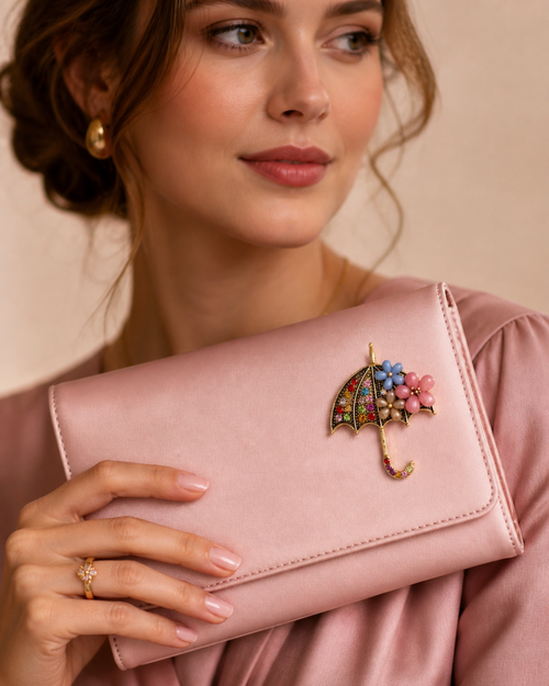 Çiçek Detaylı Taşlı Şemsiye Broş 🌸☂️✨