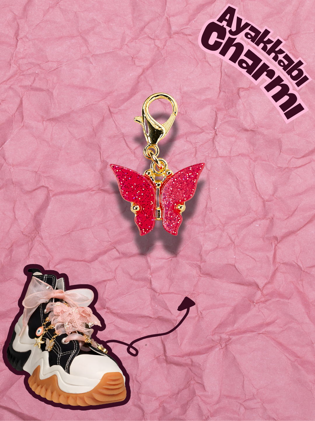 Hugs & Gifts – Coquette Charm | Fuşya Pembe Işıltılı Kelebek Charm 🍒